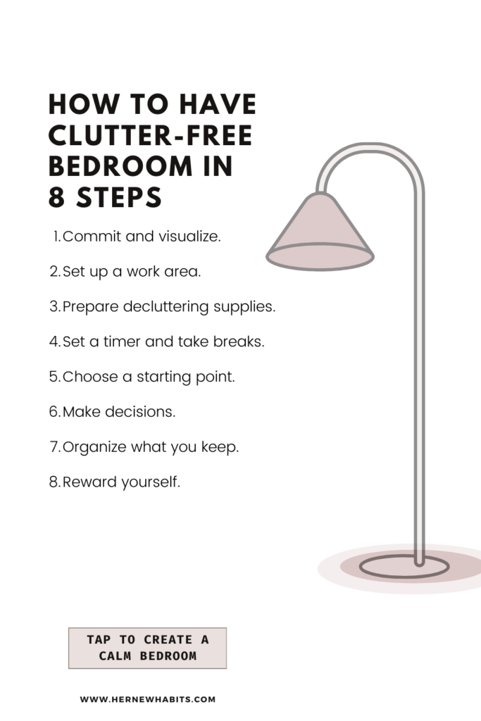 A white background with text overlay that says How to have a clutter-free bedroom in eight steps