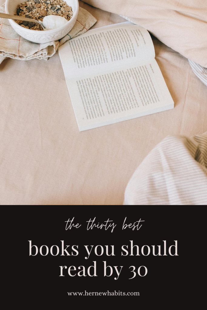 This is a picture located in a blog post called the thirty books you should read before 30. There is a bed in the background with a book and a bowl of granola. 